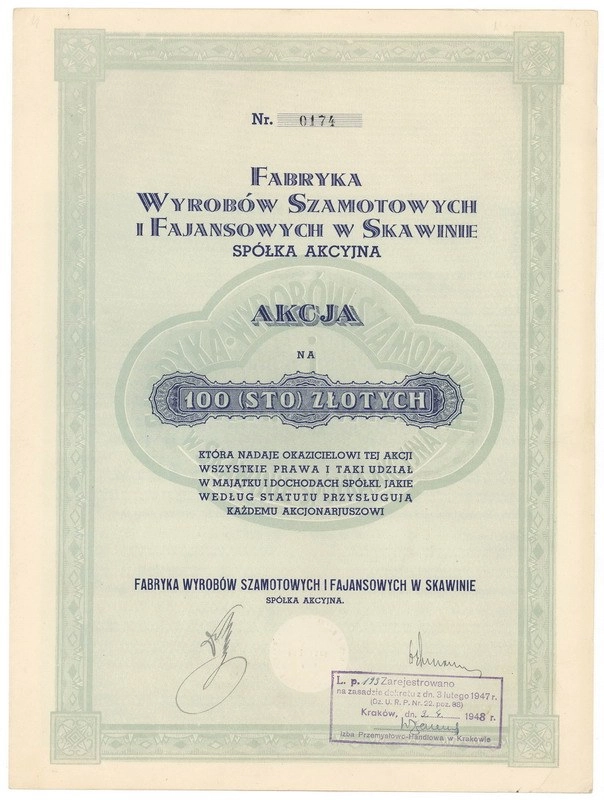 Zdjęcie akcji Fabryka Wyrobów Szamotowych i Fajansowych Spółka Akcyjna w Skawinie