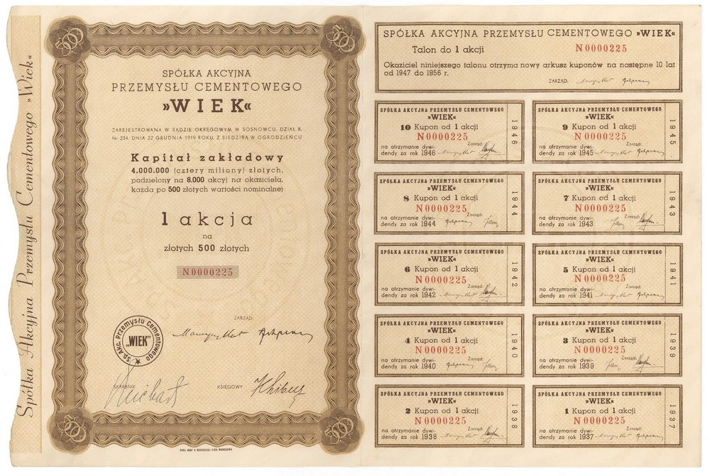 Zdjęcie akcji Spółka Akcyjna Przemysłu Cementowego "Wiek"