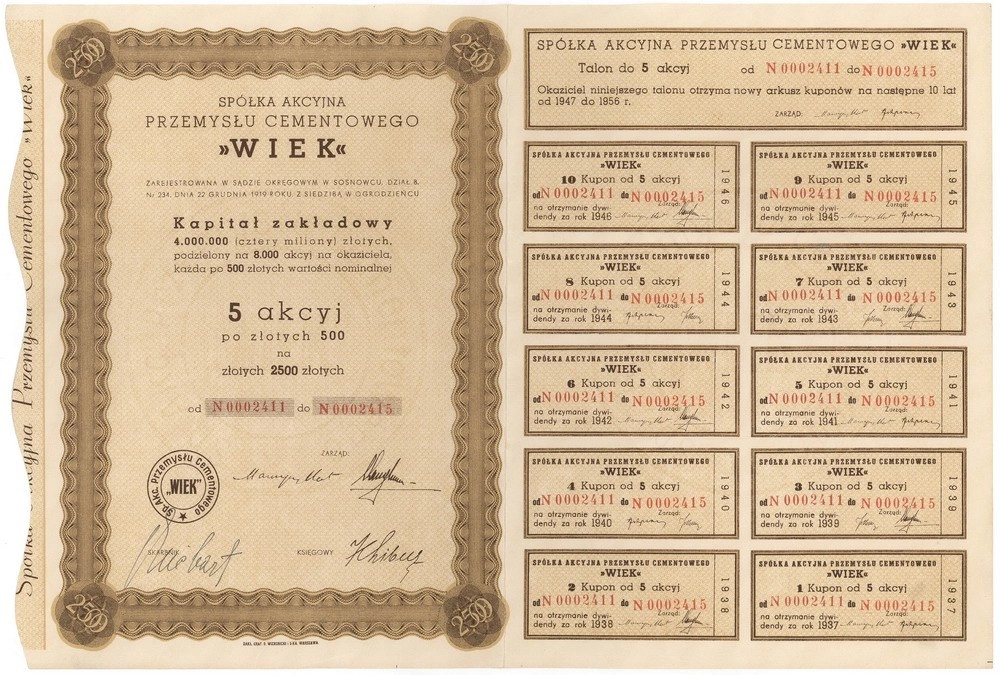 Zdjęcie akcji Spółka Akcyjna Przemysłu Cementowego "Wiek"