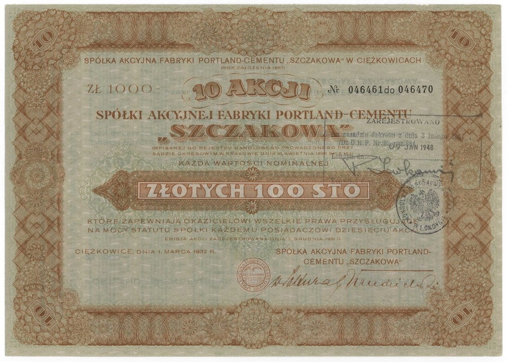 Zdjęcie akcji Fabryka Portland Cementu "Szczakowa" Spółka Akcyjna