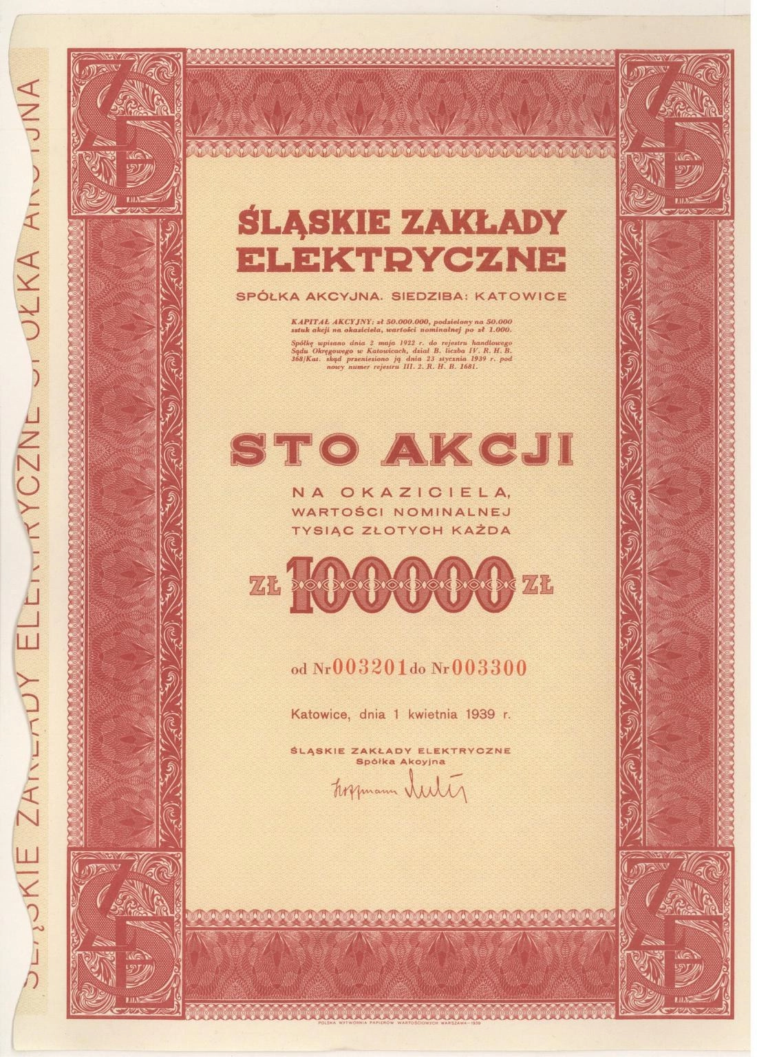 Zdjęcie akcji Śląskie Zakłady Elektryczne Spółka Akcyjna