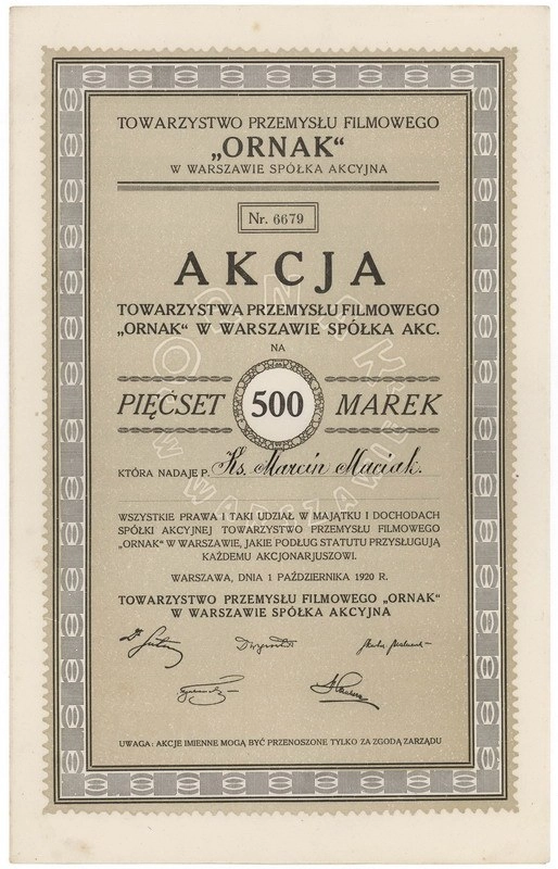 Zdjęcie akcji Towarzystwo Przemysłu Filmowego "Ornak" w Warszawie Spółka Akcyjna