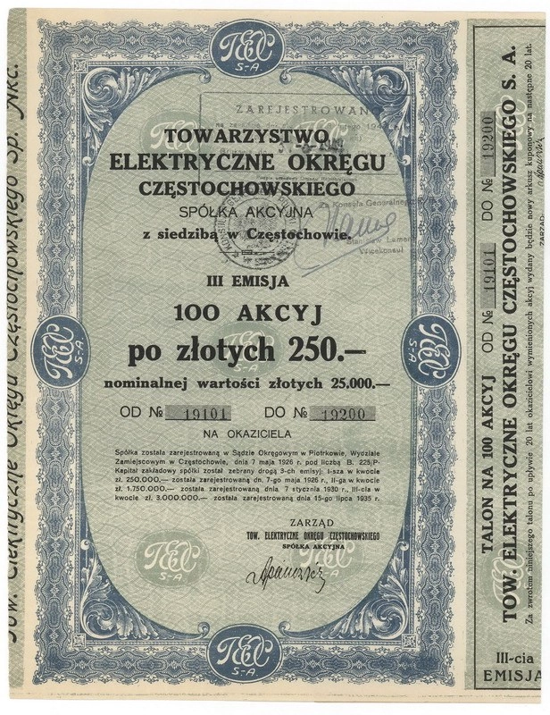 Zdjęcie akcji Towarzystwo Elektryczne Okręgu Częstochowskiego w Częstochowie Spółka Akcyjna