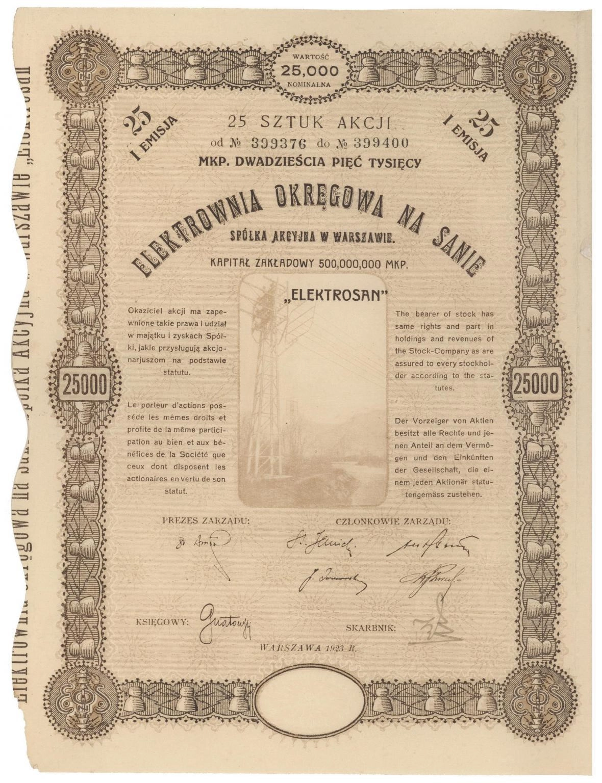 Zdjęcie akcji Elektrownia Okręgowa na Sanie Spółka Akcyjna w Warszawie