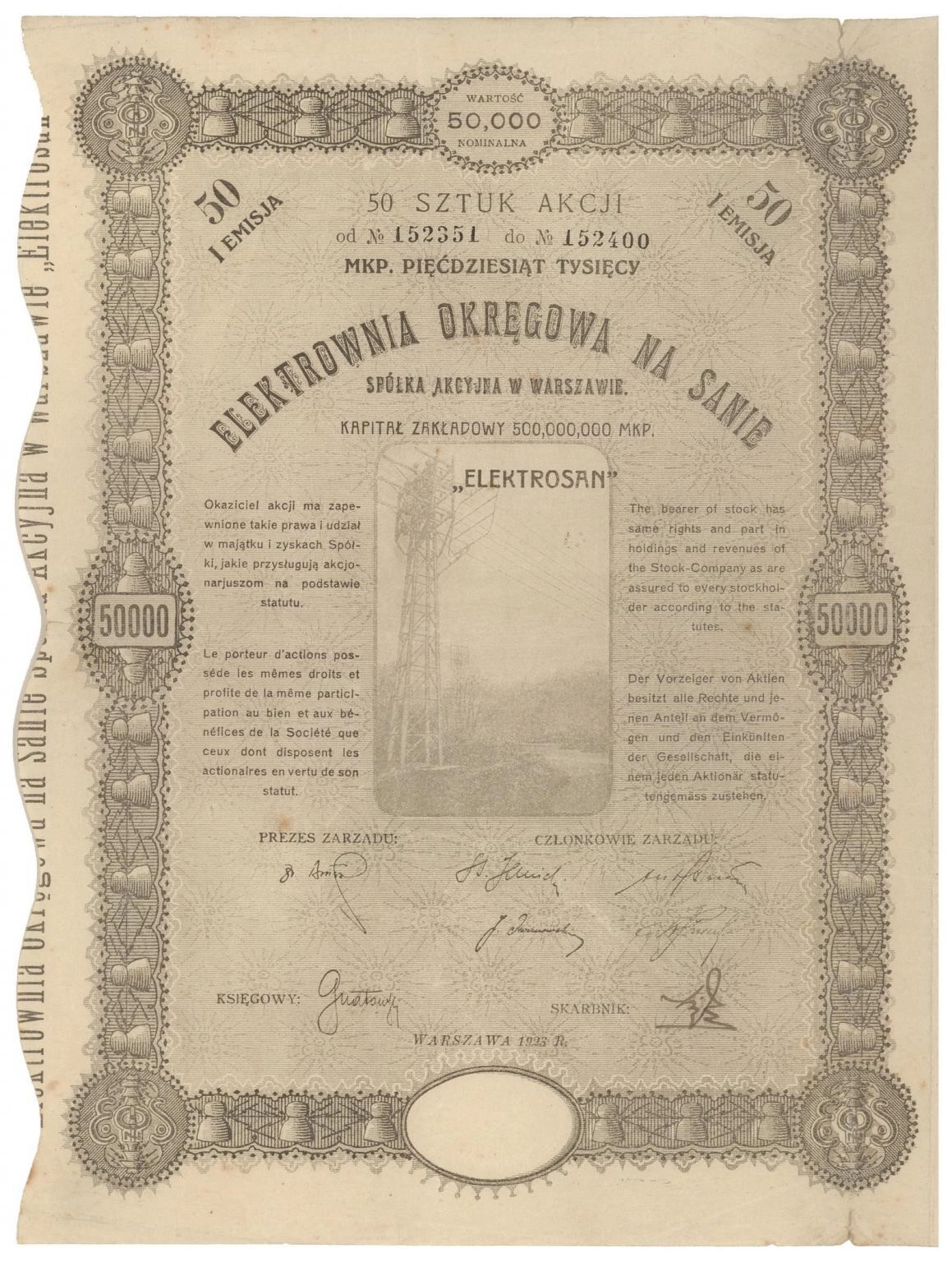 Zdjęcie akcji Elektrownia Okręgowa na Sanie Spółka Akcyjna w Warszawie