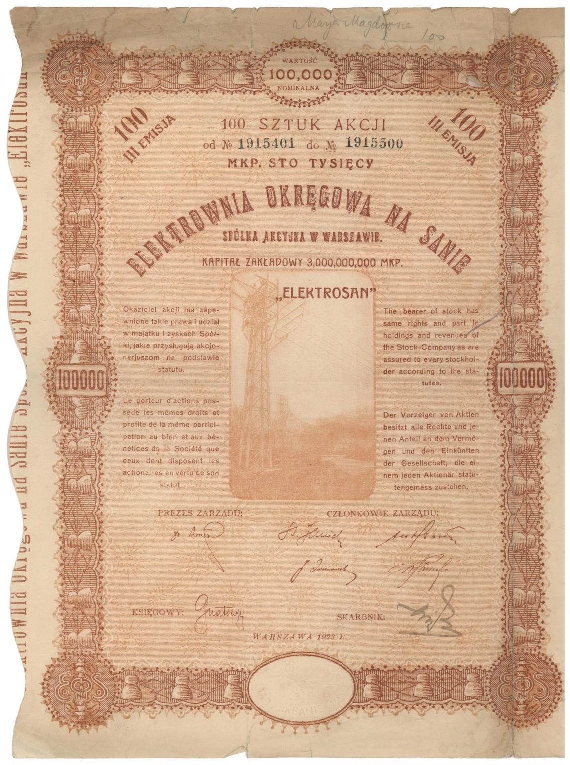 Zdjęcie akcji Elektrownia Okręgowa na Sanie Spółka Akcyjna w Warszawie