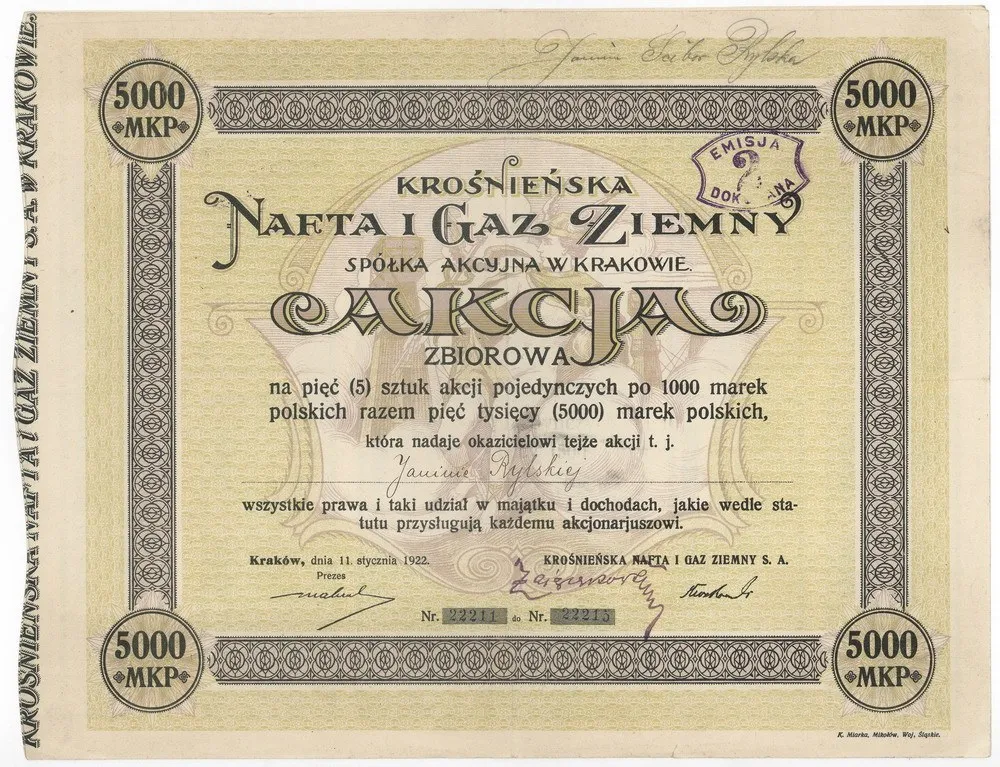 Zdjęcie akcji Krośnieńska Nafta i Gaz Ziemny Spółka Akcyjna w Krakowie