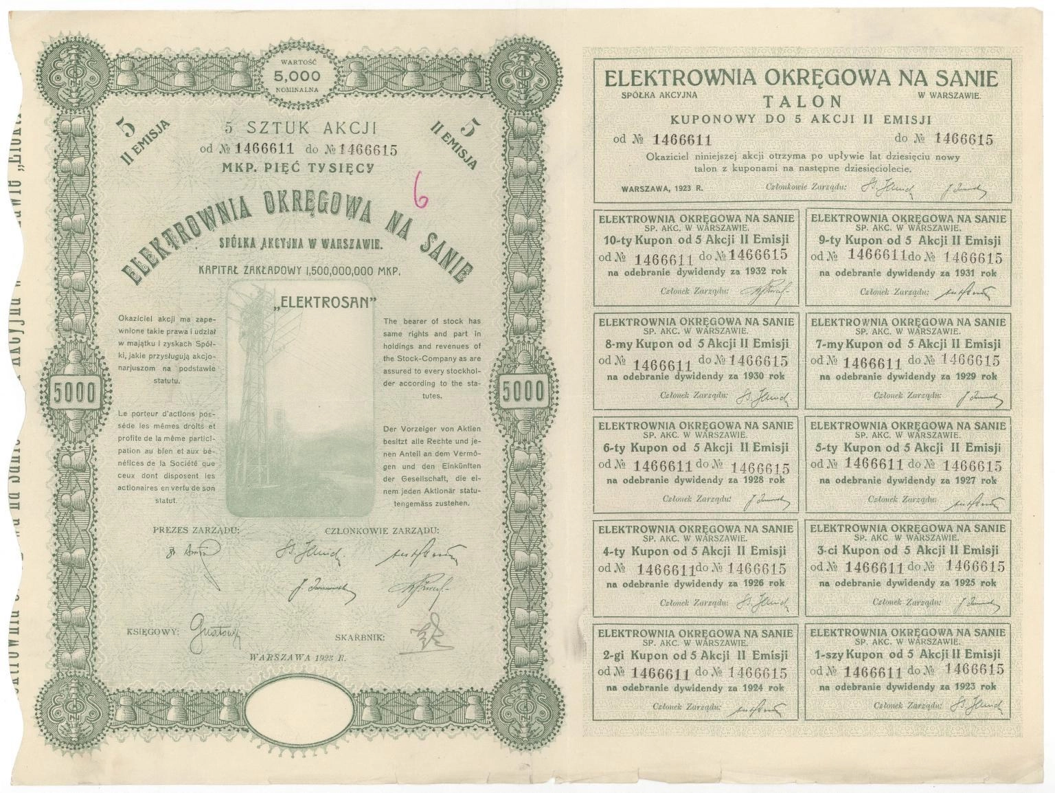 Zdjęcie akcji Elektrownia Okręgowa na Sanie Spółka Akcyjna w Warszawie