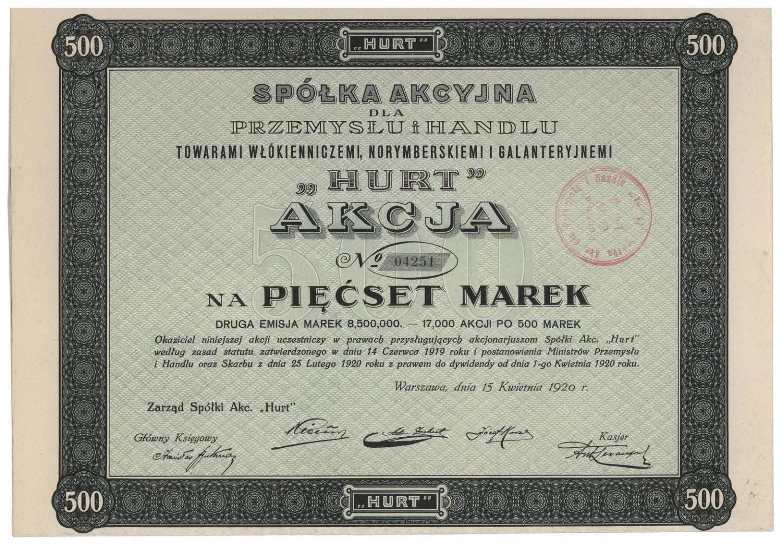 Zdjęcie akcji Spółka Akcyjna dla Przemysłu i Handlu Towarami Włókienniczymi, Norymberskimi i Galanteryjnymi "Hurt"