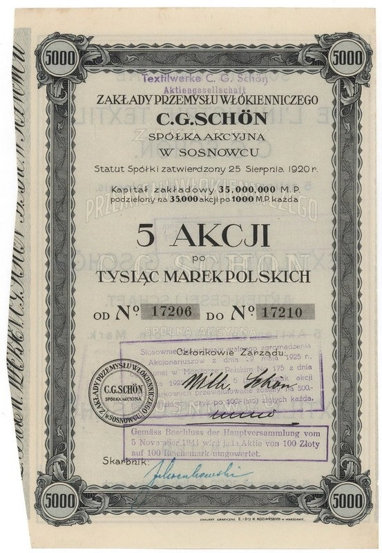 Zdjęcie akcji Zakłady Przemysłu Włókienniczego "C. G. Schön" Spółka Akcyjna w Sosnowcu
