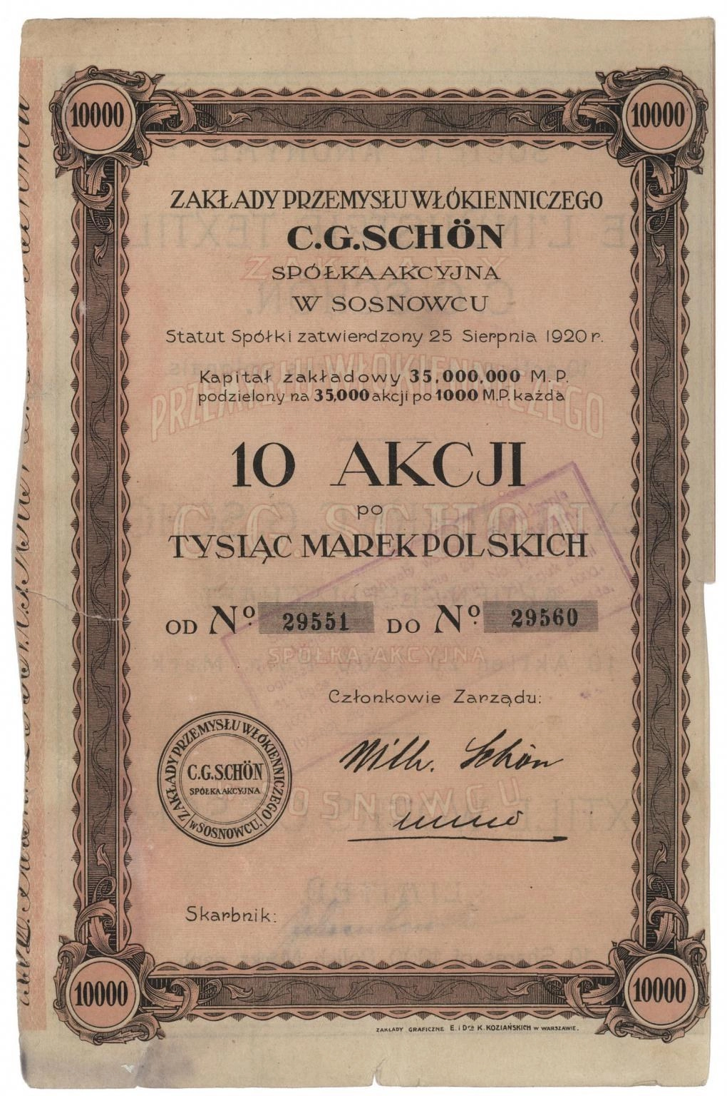 Zdjęcie akcji Zakłady Przemysłu Włókienniczego "C. G. Schön" Spółka Akcyjna w Sosnowcu