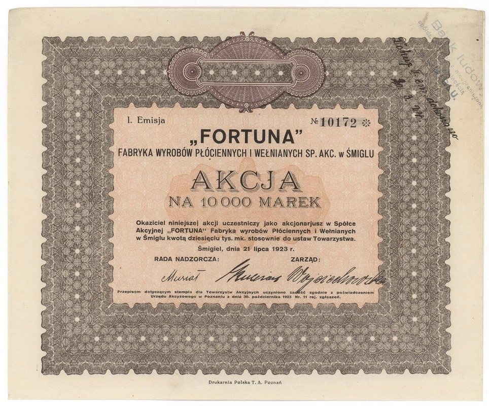 Zdjęcie akcji "Fortuna" Fabryka Wyrobów Płóciennych i Wełnianych Spółka Akcyjna w Śmiglu