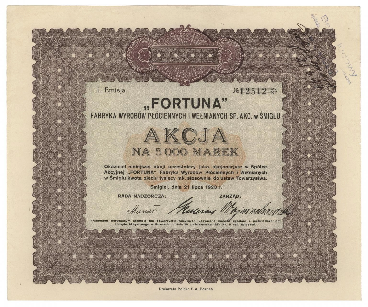 Zdjęcie akcji "Fortuna" Fabryka Wyrobów Płóciennych i Wełnianych Spółka Akcyjna w Śmiglu