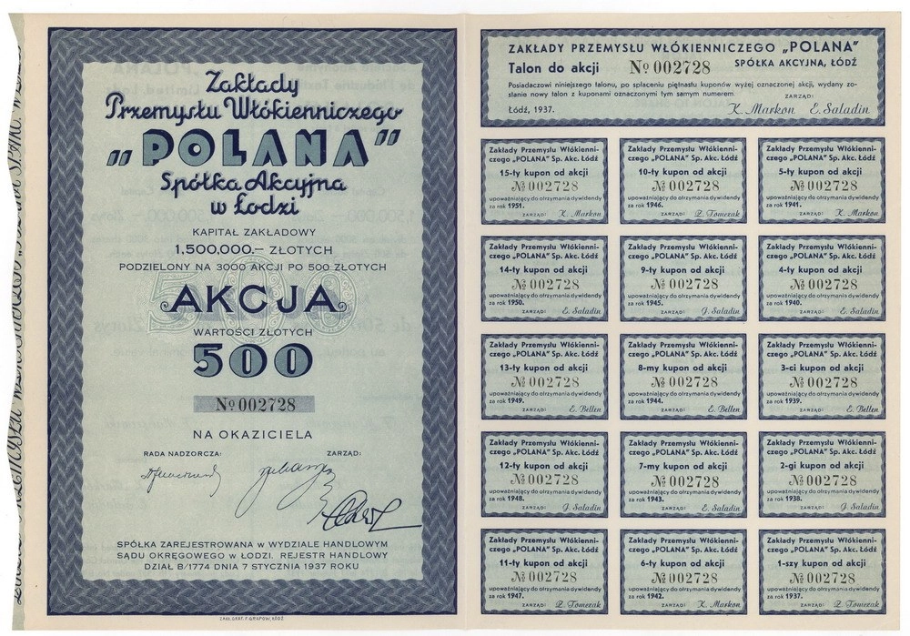 Zdjęcie akcji Zakłady Przemysłu Włókienniczego "Polana" Spółka Akcyjna w Łodzi