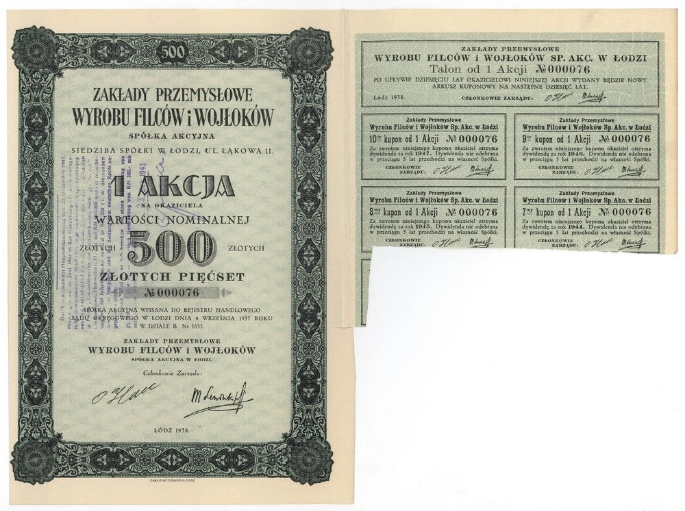 Zdjęcie akcji Zakłady Przemysłowe Wyrobu Filców i Wojłoków Spółka Akcyjna