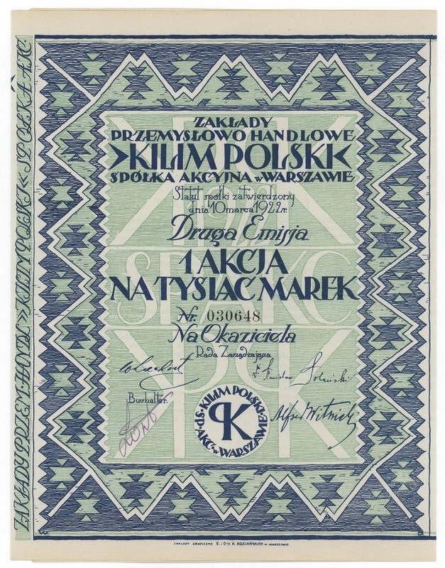 Zdjęcie akcji Zakłady Przemysłowo Handlowe "Kilim Polski" Spółka Akcyjna w Warszawie