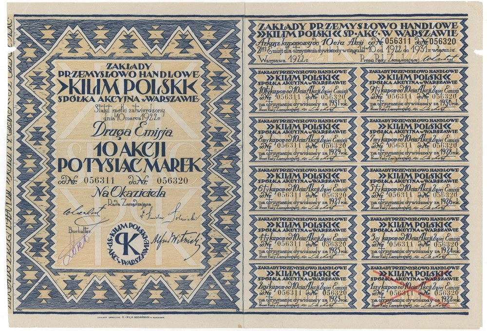 Zdjęcie akcji Zakłady Przemysłowo Handlowe "Kilim Polski" Spółka Akcyjna w Warszawie