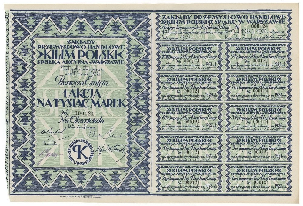 Zdjęcie akcji Zakłady Przemysłowo Handlowe "Kilim Polski" Spółka Akcyjna w Warszawie