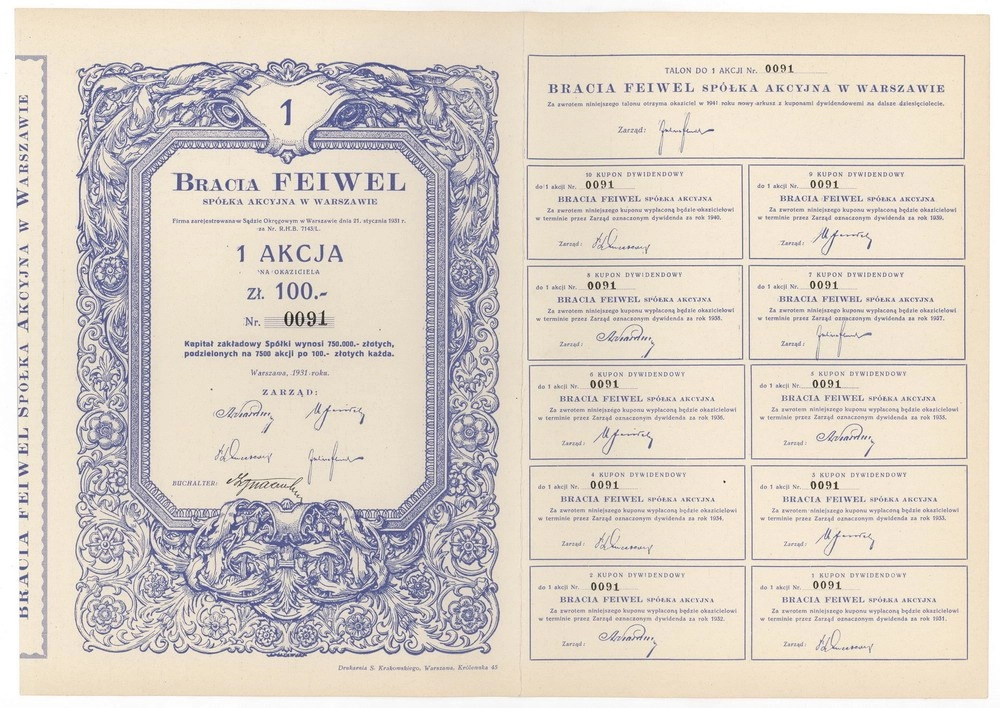 Zdjęcie akcji "Bracia Feiwel" Spółka Akcyjna w Warszawie