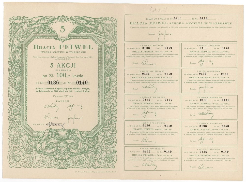 Zdjęcie akcji "Bracia Feiwel" Spółka Akcyjna w Warszawie