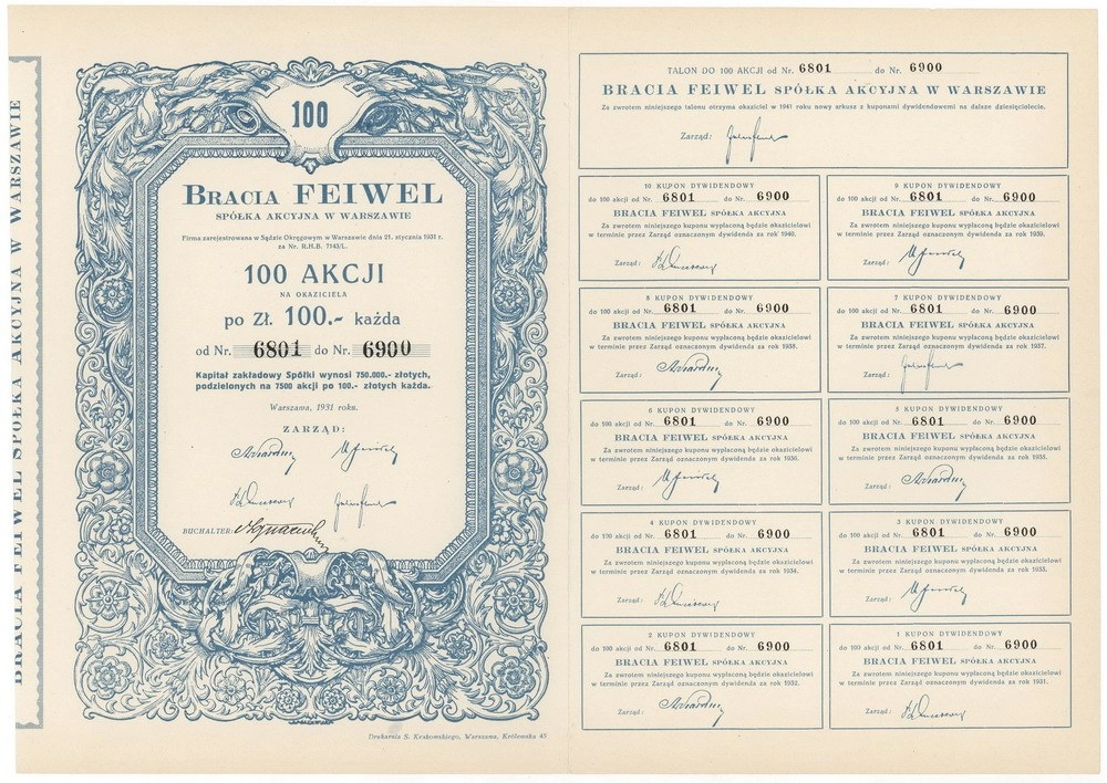 Zdjęcie akcji "Bracia Feiwel" Spółka Akcyjna w Warszawie