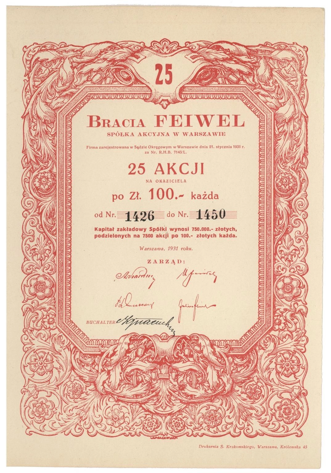 Zdjęcie akcji "Bracia Feiwel" Spółka Akcyjna w Warszawie