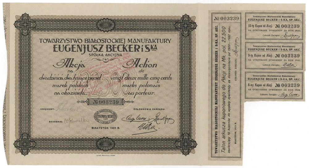 Zdjęcie akcji Towarzystwo Białostockiej Manufaktury "Eugenjusz Becker i S-ka" Spółka Akcyjna