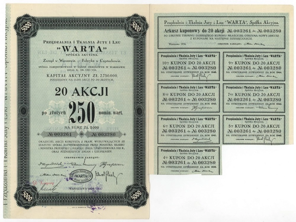 Zdjęcie akcji Przędzalnia i Tkalnia Juty i Lnu "Warta" Spółka Akcyjna