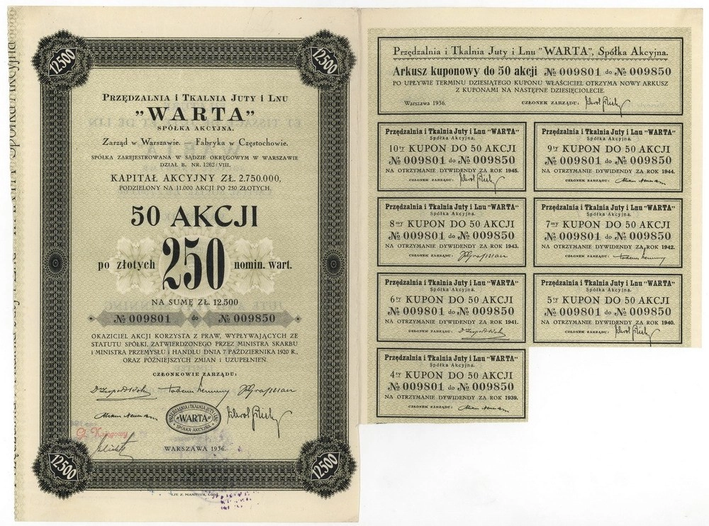 Zdjęcie akcji Przędzalnia i Tkalnia Juty i Lnu "Warta" Spółka Akcyjna