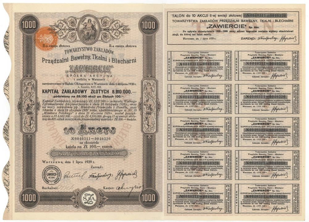 Zdjęcie akcji Towarzystwo Zakładów Przędzalni Bawełny, Tkalni i Blecharni "Zawiercie" Spółka Akcyjna
