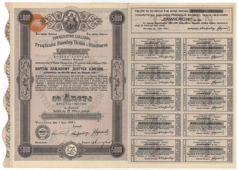 Zdjęcie akcji Towarzystwo Zakładów Przędzalni Bawełny, Tkalni i Blecharni "Zawiercie" Spółka Akcyjna