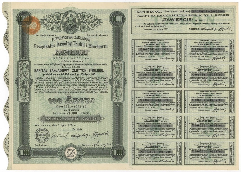 Zdjęcie akcji Towarzystwo Zakładów Przędzalni Bawełny, Tkalni i Blecharni "Zawiercie" Spółka Akcyjna