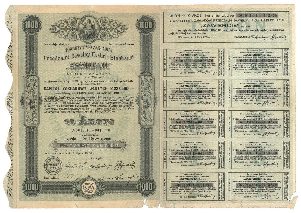 Zdjęcie akcji Towarzystwo Zakładów Przędzalni Bawełny, Tkalni i Blecharni "Zawiercie" Spółka Akcyjna