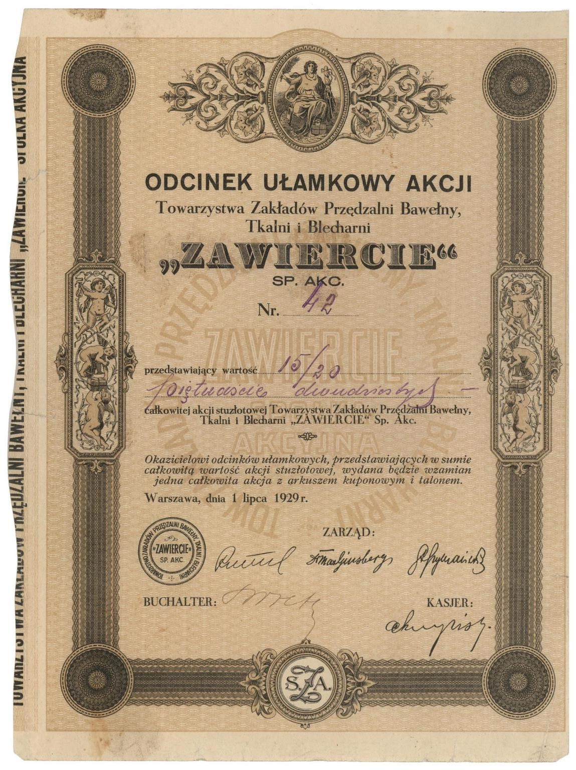 Zdjęcie akcji Towarzystwo Zakładów Przędzalni Bawełny, Tkalni i Blecharni "Zawiercie" Spółka Akcyjna