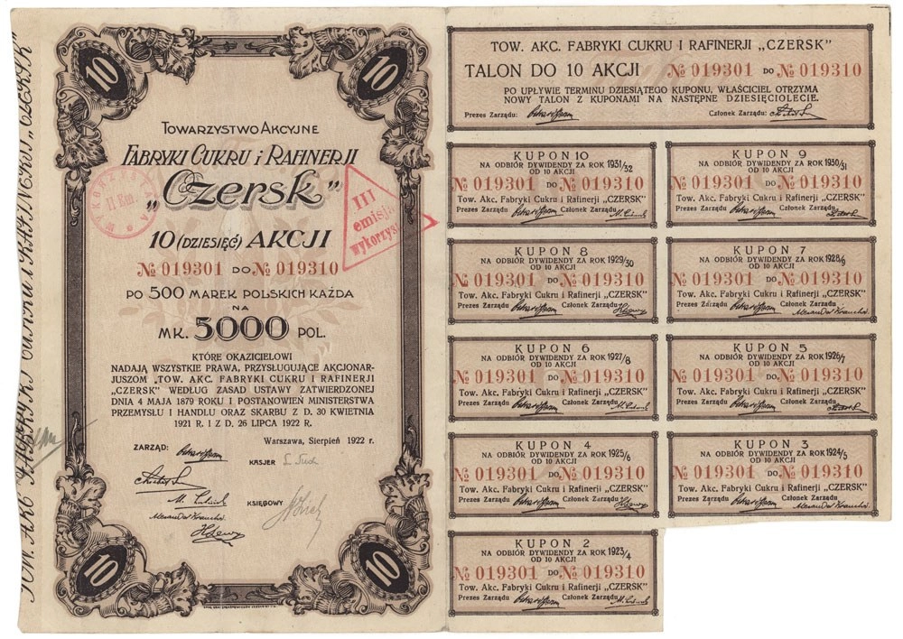 Zdjęcie akcji Towarzystwo Akcyjne Fabryki Cukru i Rafinerii "Czersk"
