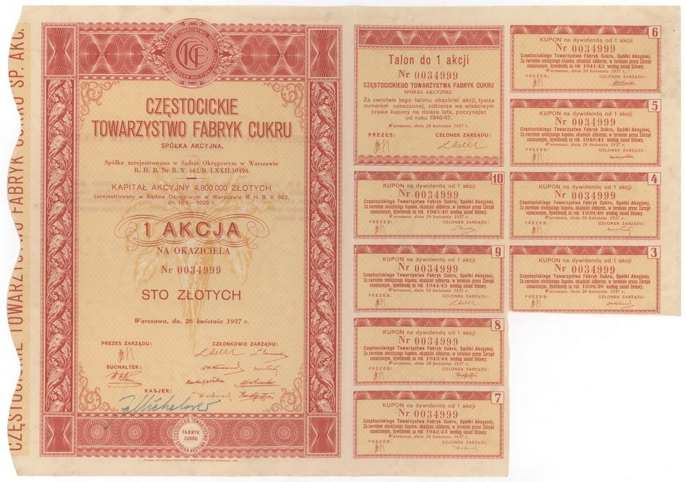 Zdjęcie akcji Częstocickie Towarzystwo Fabryk Cukru Spółka Akcyjna