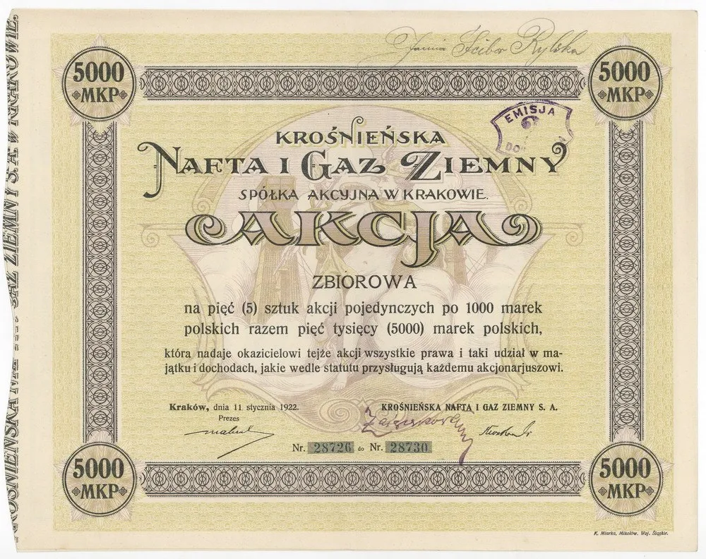 Zdjęcie akcji Krośnieńska Nafta i Gaz Ziemny Spółka Akcyjna w Krakowie