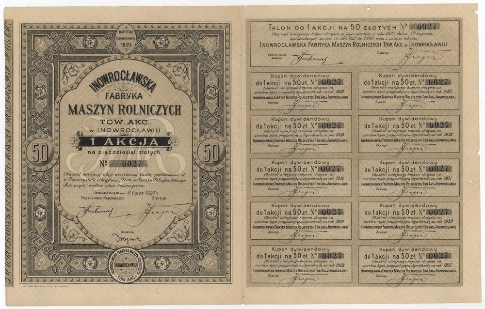 Zdjęcie akcji Inowrocławska Fabryka Maszyn Rolniczych Towarzystwo Akcyjne w Inowrocławiu