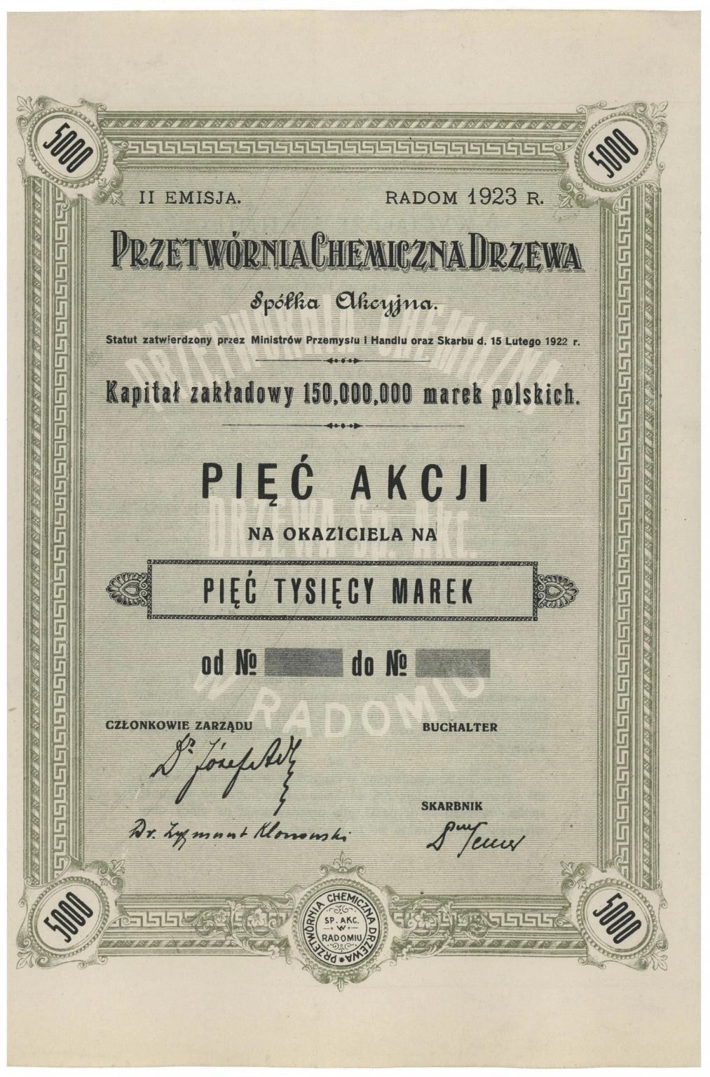 Zdjęcie akcji Przetwórnia Chemiczna Drzewa Spółka Akcyjna