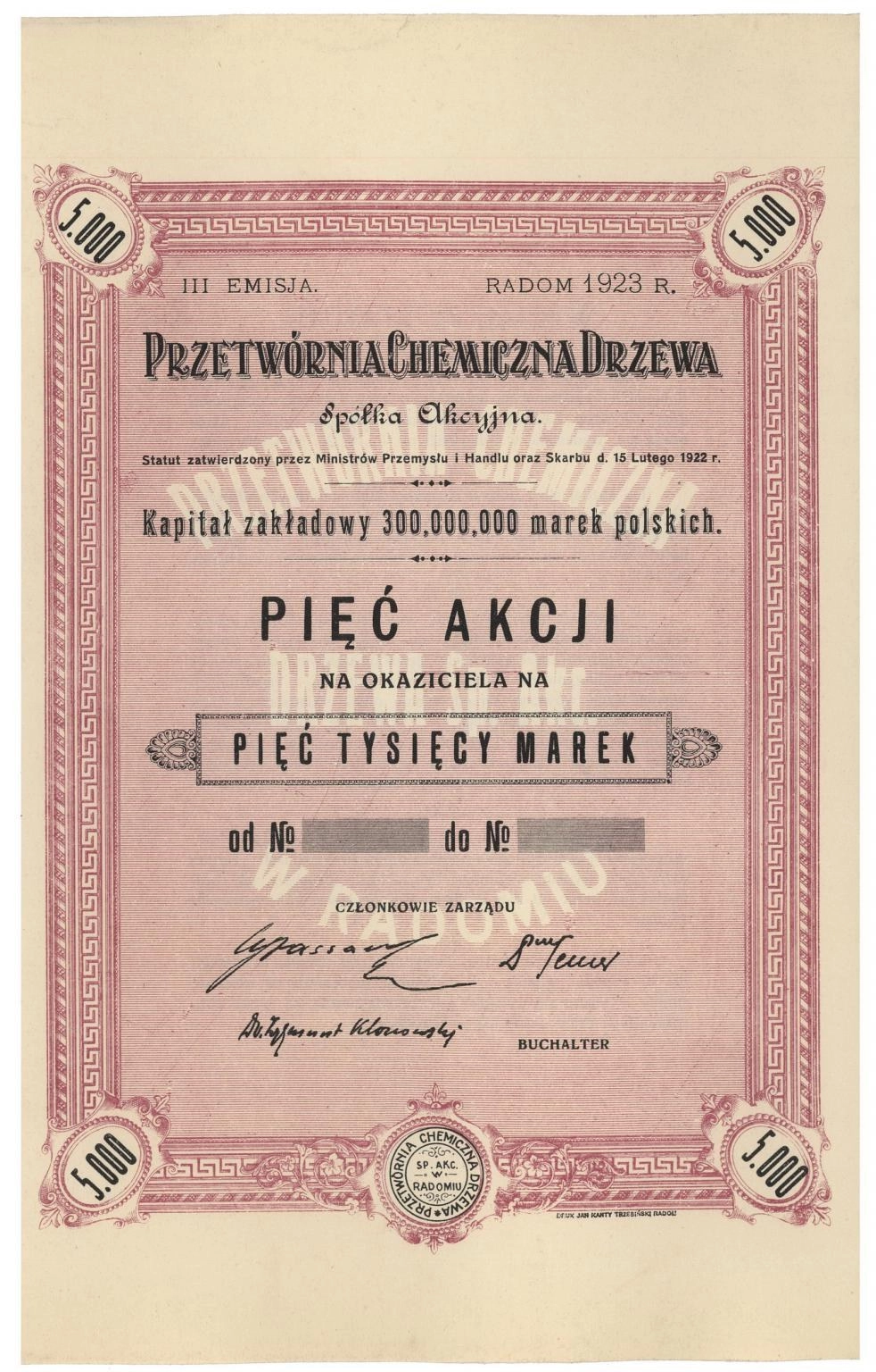 Zdjęcie akcji Przetwórnia Chemiczna Drzewa Spółka Akcyjna