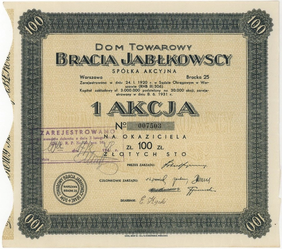 Zdjęcie akcji Dom Towarowy "Bracia Jabłkowscy" Spółka Akcyjna