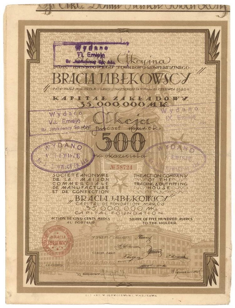 Zdjęcie akcji Spółka Akcyjna Domu Handlowego Towarowo-Konfekcyjnego "Bracia Jabłkowscy"