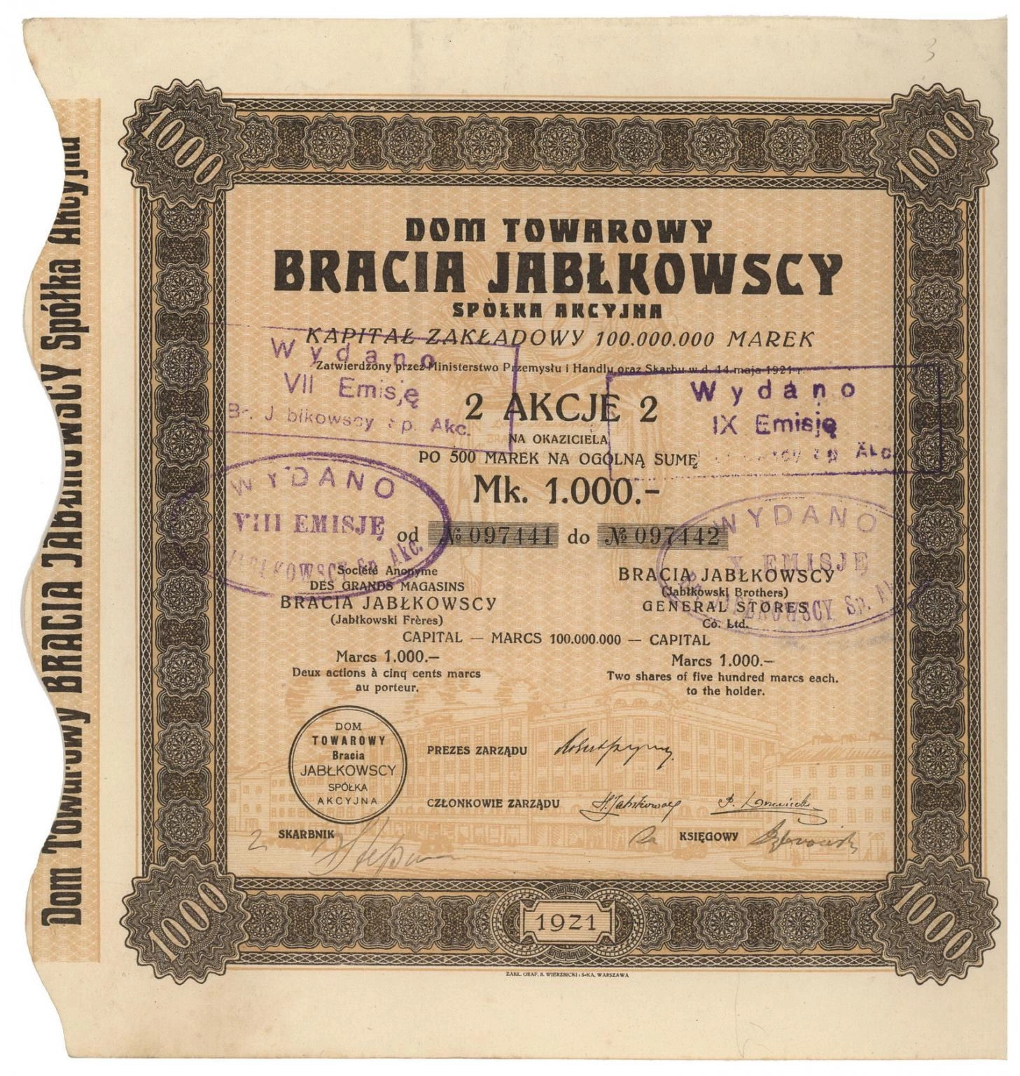 Zdjęcie akcji Dom Towarowy "Bracia Jabłkowscy" Spółka Akcyjna