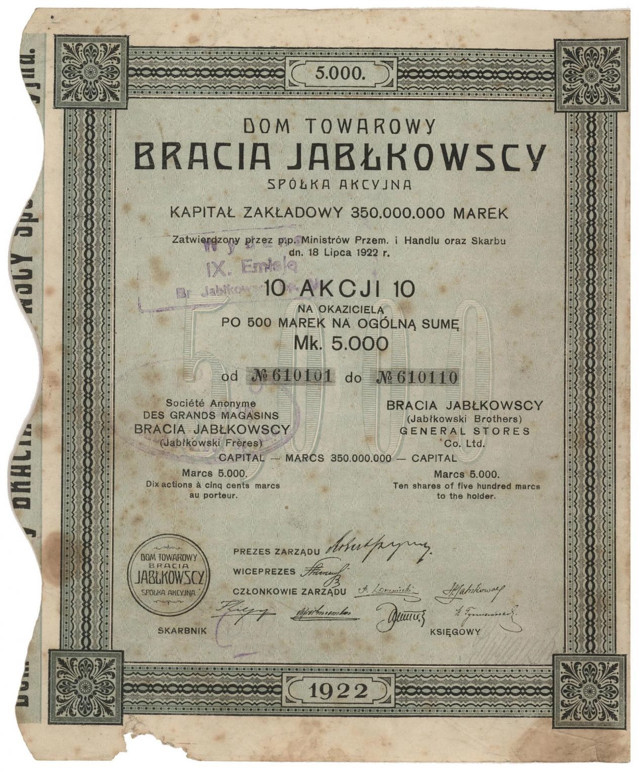 Zdjęcie akcji Dom Towarowy "Bracia Jabłkowscy" Spółka Akcyjna