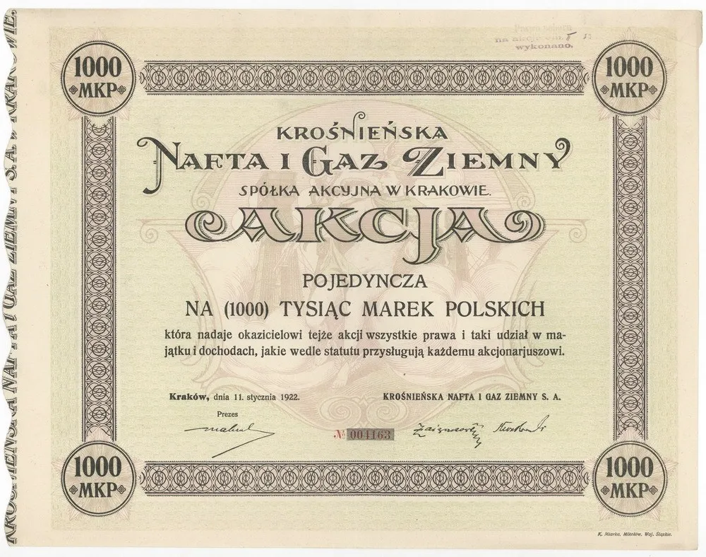Zdjęcie akcji Krośnieńska Nafta i Gaz Ziemny Spółka Akcyjna w Krakowie