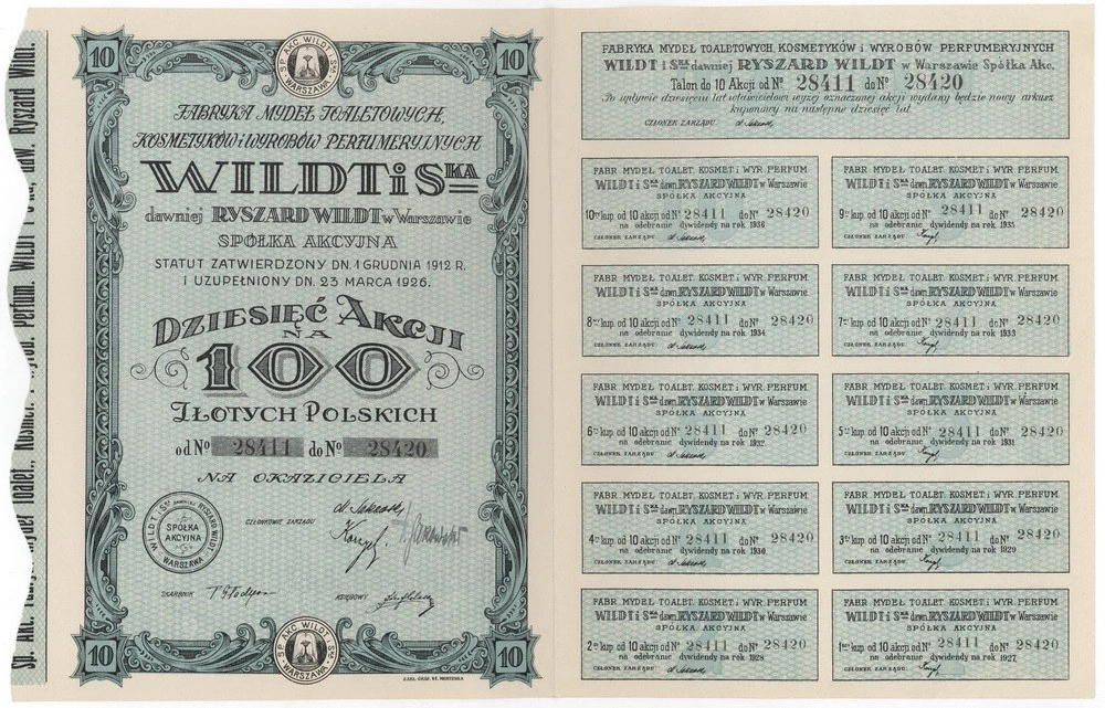 Zdjęcie akcji Fabryka Mydeł Toaletowych, Kosmetyków i Wyrobów Perfumeryjnych "Wildt i S-ka" dawniej Ryszard Wildt w Warszawie Spółka Akcyjna