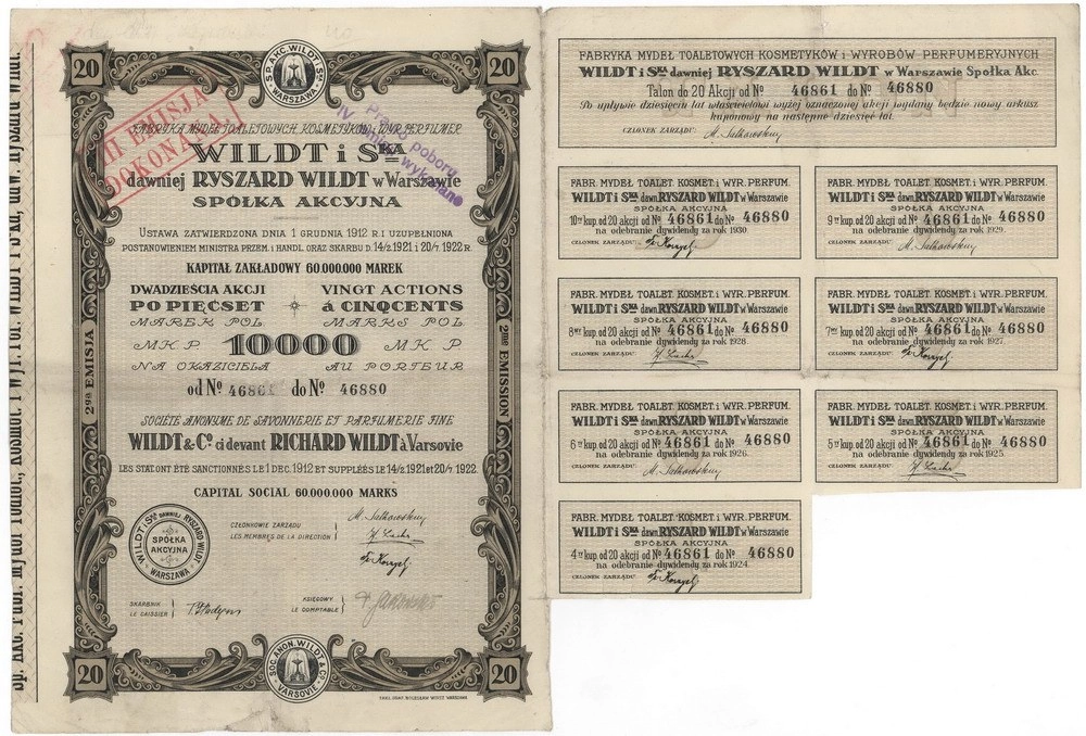 Zdjęcie akcji Fabryka Mydeł Toaletowych, Kosmetyków i Wyrobów Perfumeryjnych "Wildt i S-ka" dawniej Ryszard Wildt w Warszawie Spółka Akcyjna