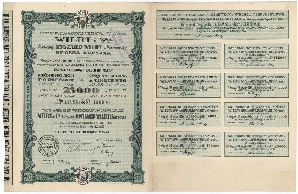 Zdjęcie akcji Fabryka Mydeł Toaletowych, Kosmetyków i Wyrobów Perfumeryjnych "Wildt i S-ka" dawniej Ryszard Wildt w Warszawie Spółka Akcyjna