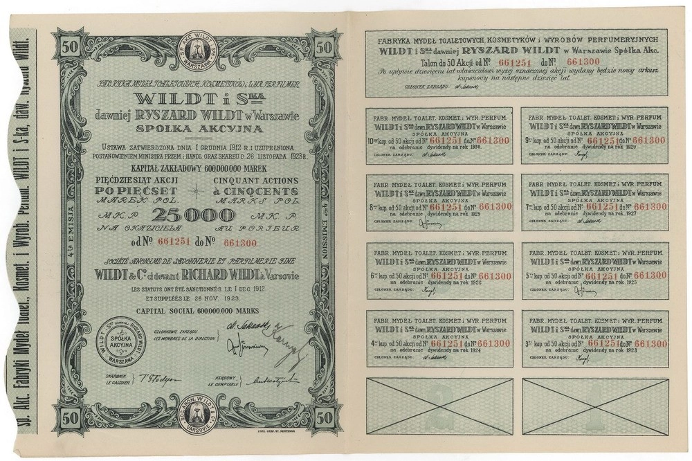 Zdjęcie akcji Fabryka Mydeł Toaletowych, Kosmetyków i Wyrobów Perfumeryjnych "Wildt i S-ka" dawniej Ryszard Wildt w Warszawie Spółka Akcyjna