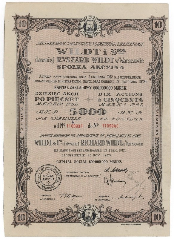 Zdjęcie akcji Fabryka Mydeł Toaletowych, Kosmetyków i Wyrobów Perfumeryjnych "Wildt i S-ka" dawniej Ryszard Wildt w Warszawie Spółka Akcyjna